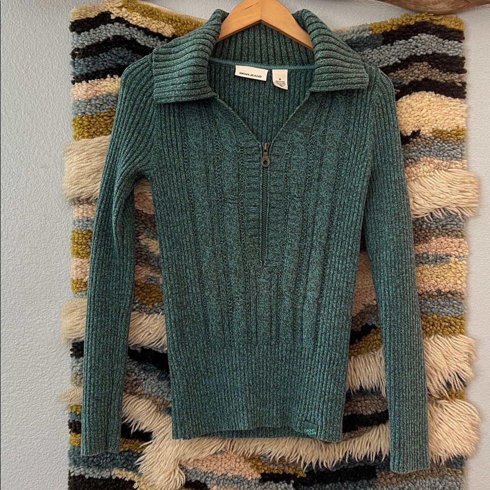 DKNY Y2K Cable & Ribbed Knit 1/2 Zip Sweater Folded Collar Marled Green M